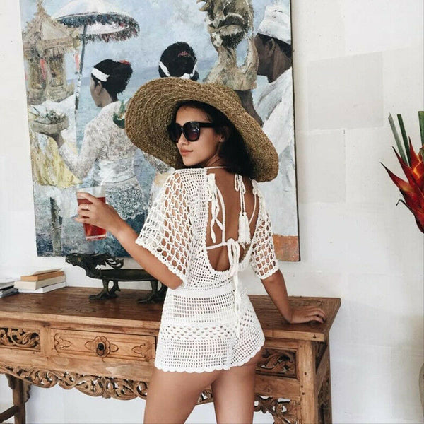 Crochet Romper White Low Back With Tassel Ties V Neck Half Short Sleeves Drawstring Waist Boho Backless One Piece Shorts Jumper Bikini Cover Up Available In Sizes Small Medium Or Large