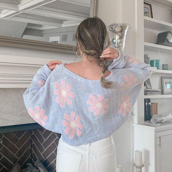 Blue Sweater With Pink Daisies