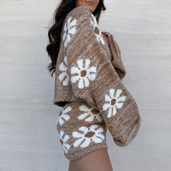 Brown Sweater Set White Flowers