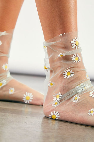 Mesh Daisy Socks 7 Colors You Choose See Through Anklets With Daisies Transparent Spring Summer Floral Girlie Crew Sock Thin Breathable Great With Sandals And Platforms Black White Baby Blue Baby Pink Lavender Mint Green Yellow One Size