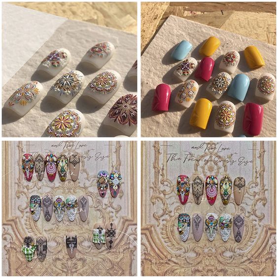 Bohemian Nail Decals 6 Different Styles 3D Mandalas Lotus Flowers Crescent Moon Tattoos Water Slide Art Nail Stickers For Gypsies