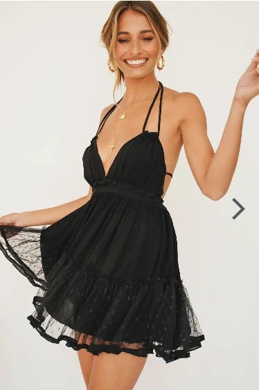 Boho Mini Dress "100 Degree" Availble In 15 Different Colors 4 Floral Prints You Choose Halter Top With Tiered Polka Dot Netting Available In Sizes Small Medium Or Large Free Spirited People