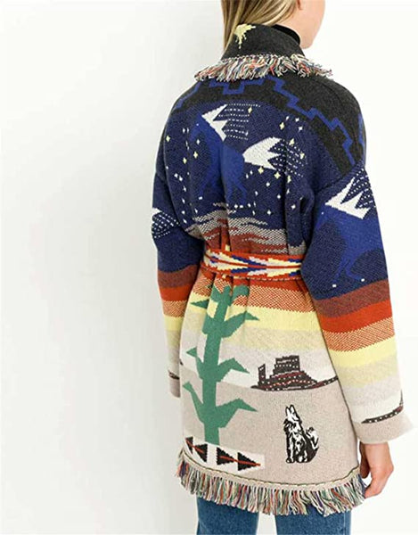 Cashmere Sweater Coat Midnight Desert Scene Fringed Collar Southwestern Cardigan With Plateaus Howling Wolves Painted Desert Tones And Cactus Available In Small Medium Or Large