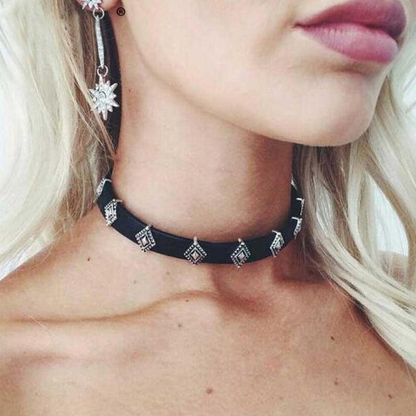 SALE 50% OFF Diamond Concho Choker Black Vegan Leather Boho Necklace Silver Conchos Adjustable Gypsy Jewelry
