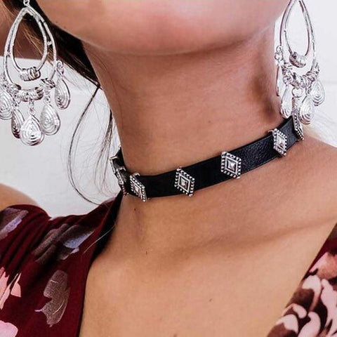 SALE 50% OFF Diamond Concho Choker Black Vegan Leather Boho Necklace Silver Conchos Adjustable Gypsy Jewelry