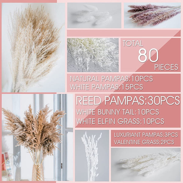 Dried Flowers Bouquet 8 Different Styles Bohemian Home Decoration White Rabbit Tails Lush Pampa Grass Phragmites Reed Stalks White Oats Lover's Grass 80 Pieces