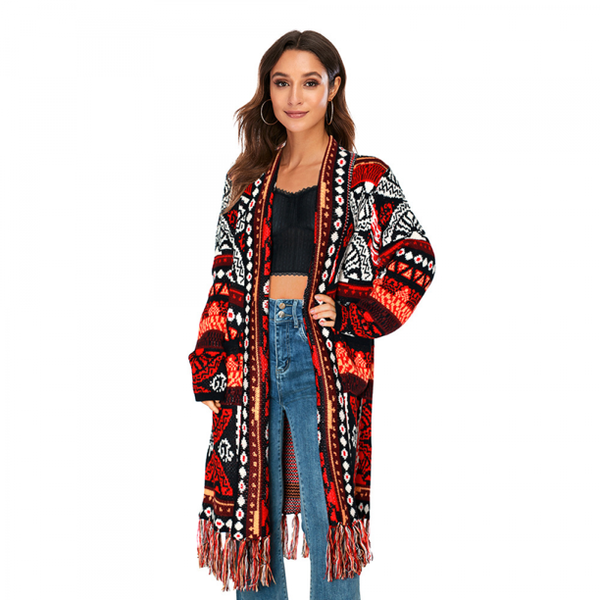 Boho Sweater Duster Turquoise Red Or Yellow Tribal Print Long Open Front Cardigan With Fringe Maxi Sweater Coat Available In Sizes Medium Large Or XL