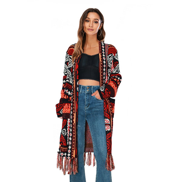 Boho Sweater Duster Turquoise Red Or Yellow Tribal Print Long Open Front Cardigan With Fringe Maxi Sweater Coat Available In Sizes Medium Large Or XL