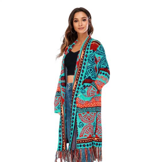 Boho Sweater Duster Turquoise Red Or Yellow Tribal Print Long Open Front Cardigan With Fringe Maxi Sweater Coat Available In Sizes Medium Large Or XL