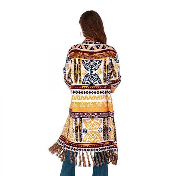 Boho Sweater Duster Turquoise Red Or Yellow Tribal Print Long Open Front Cardigan With Fringe Maxi Sweater Coat Available In Sizes Medium Large Or XL