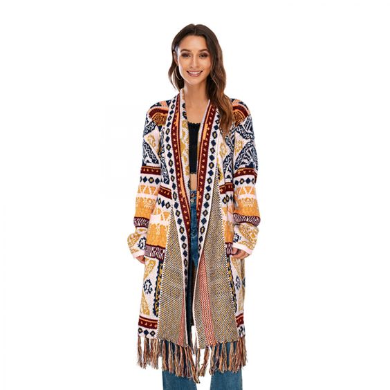 Boho Sweater Duster Turquoise Red Or Yellow Tribal Print Long Open Front Cardigan With Fringe Maxi Sweater Coat Available In Sizes Medium Large Or XL