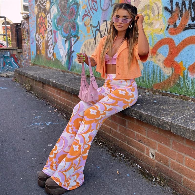 Flower Power Bell Bottoms Groovy Pink Orange White Floral Print