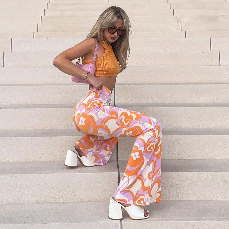 Flower Power Bell Bottoms Groovy Pink Orange White Floral Print