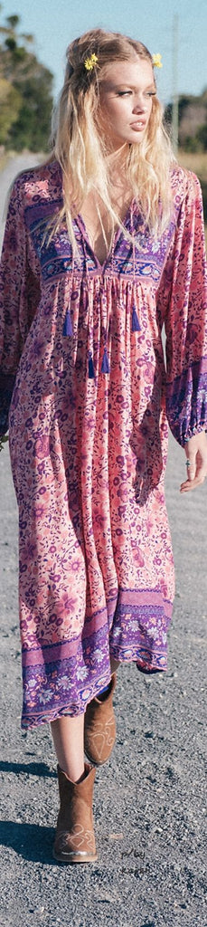 Boho Maxi Dress "Folk Town" Pink & Purple Floral Peasant Sleeved Long Festival Gown Small Medium Or Large Boho Maxi Dress "Folk Town" Pink & Purple Floral Peasant Sleeved Long Festival Gown Small Medium Or Large