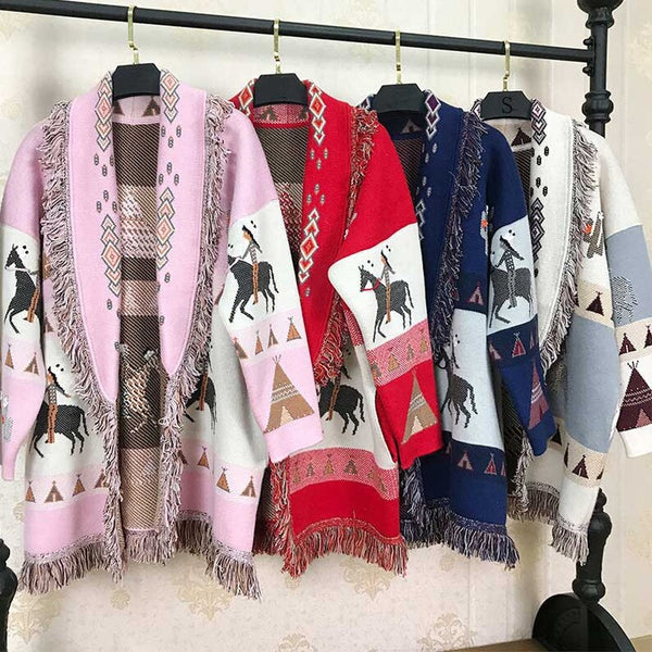 Wild Horses Cashmere Cardigan In 8 Different Colors You Choose Boho Sweater Coat Southwestern Print With Cactus Indians And Teepees Warm Wool Coat Available In Small Medium Or Large