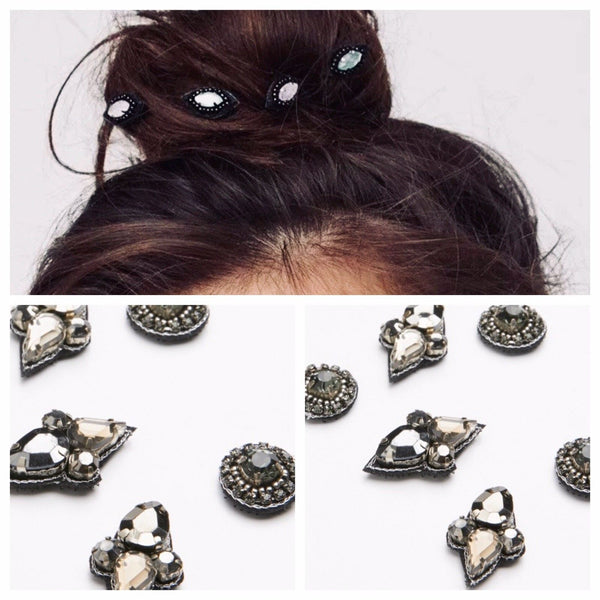 Illusion Hair Jewels 6 Pc Set Dark Metallic Aurora Borealis Gypsy Rhinestone Boho Hair Decorations