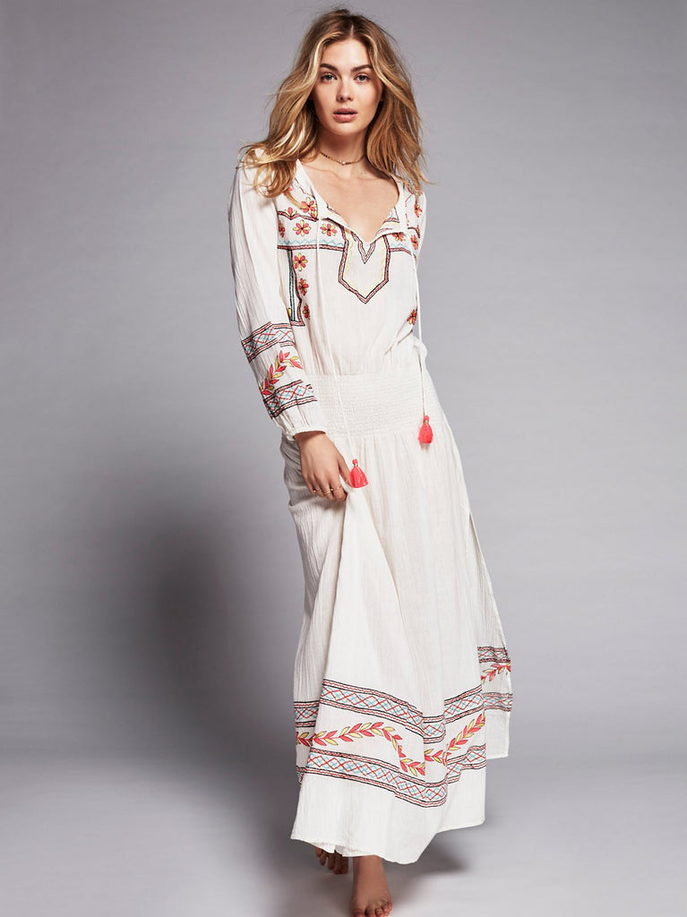 Embroidered Boho Maxi Dress Mystical White With Colorful