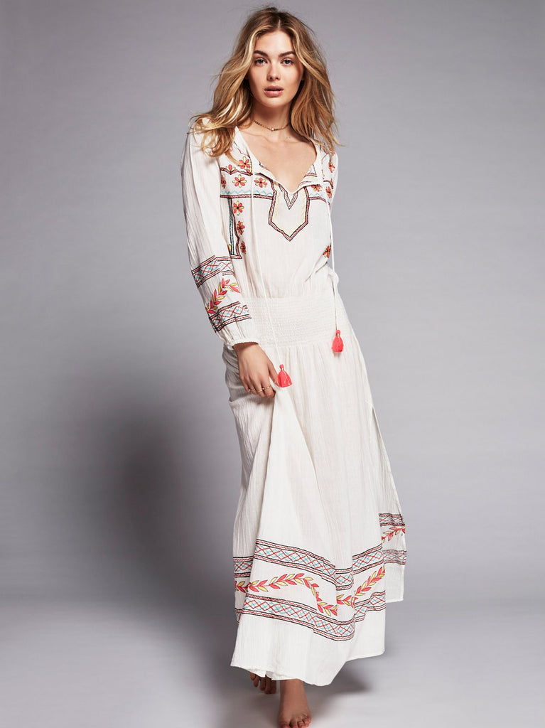 Embroidered Boho Maxi Dress Mystical White With Colorful Embroidery –  Made4Walkin