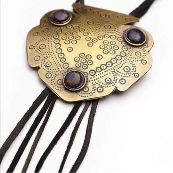 Montana Bolo Tie Necklace Genuine Leather Fringe And Boho Etched Gold Tone Pendant With Black Stones
