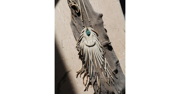 Earth Medicine Bag Necklace Tan Leather Turquoise Stone Fringe Statement Pouch By Three Arrows