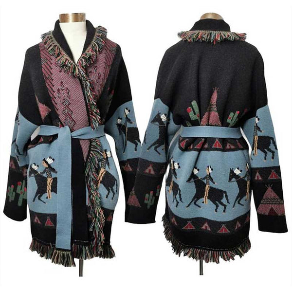 Wild Horses Cashmere Cardigan In 8 Different Colors You Choose Boho Sweater Coat Southwestern Print With Cactus Indians And Teepees Warm Wool Coat Available In Small Medium Or Large