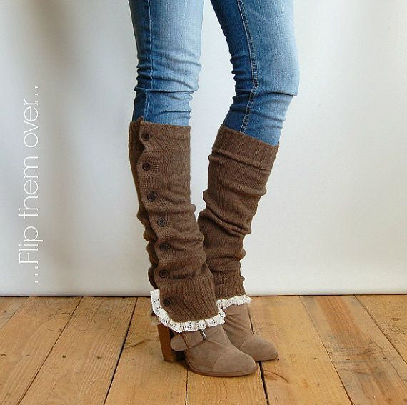 Button Side Leg Warmers 5 Different Colors You Choose Mint Brown Burgundy Tan Or White Boho Legwarmers Lace Top Or Bottom Functioning Wood Buttons One Size