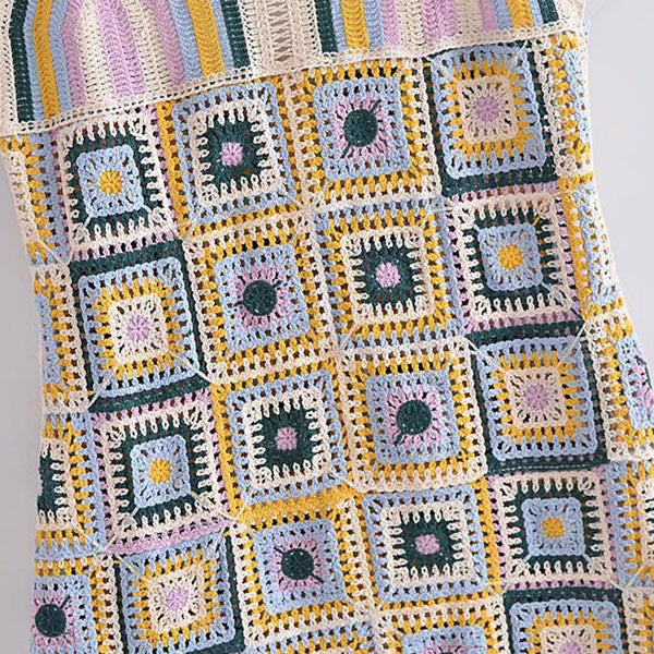 Granny Square Mini Dress Cami Straps Handmade Crochet Pastel Colors White Lavender Baby Blue Forest Green And Golden One Size