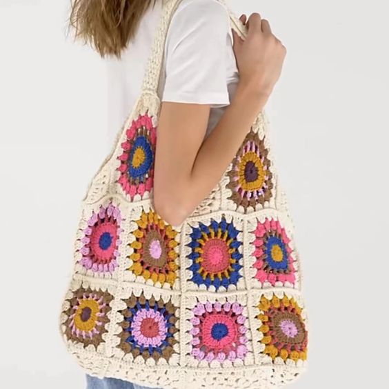 Granny Square Tote Bag Large Handmade Crochet Bohemian Hand Crocheted Purse Eco Friendly Shopping Bag Boho Travel Carry On