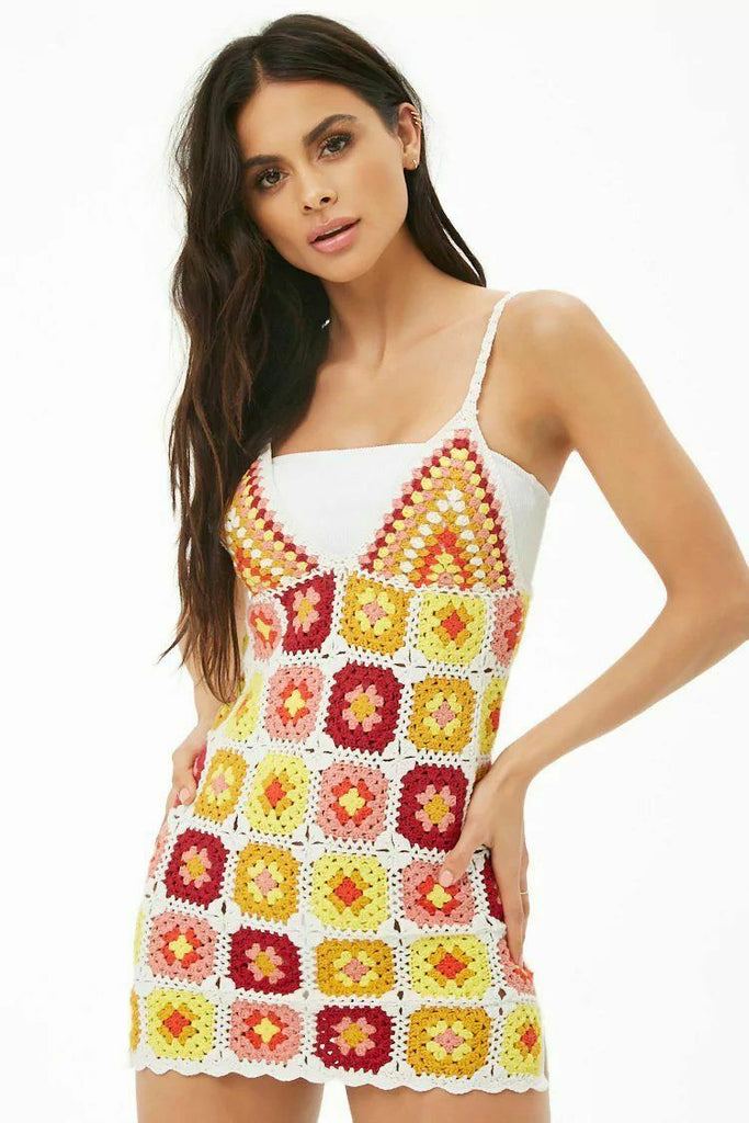 Granny Square Mini Dress Cami Straps Slits Up Sides White Dark Red Mau – Made4Walkin Granny Square Mini Dress Cami Straps Slits Up Sides White Dark Red Mau – Made4Walkin