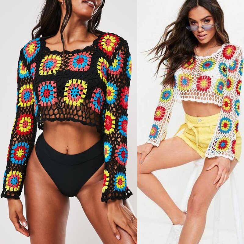 Granny Square Long Sleeve Top Colorful Crochet Crop Top Hand Crocheted –  Made4Walkin