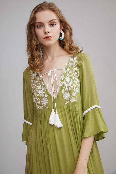Embroidered Maxi Dress In Spring Green Burnt Orange Or Baby Pink 3/4 Bell Sleeves Tassel Ties Ruffled Hem Long Side Slits Available In Small Medium Large Or XL
