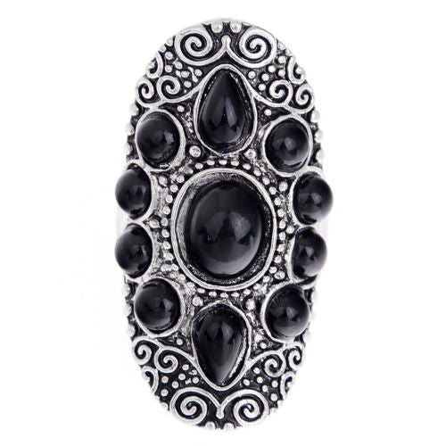 Gypsy Ring Oval With Black Stones Carved Swirling Filigrees Silver Ring Boho Bohemian Jewelry