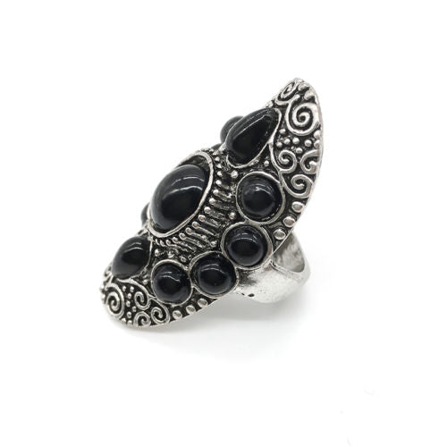 Gypsy Ring Oval With Black Stones Carved Swirling Filigrees Silver Ring Boho Bohemian Jewelry