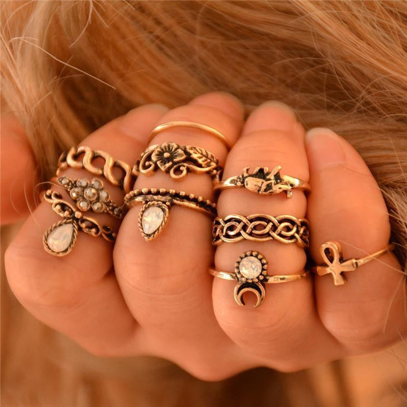 12pcs/Set Fashion Elephant Knuckle Rings Set For Women Crystal Stone  Feather finger Ring Female Boho