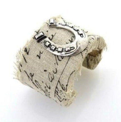 Burlap Silver Horseshoe Bracelet Boho Wide Cuff Western Cowgirl Horse Lovers Jewelry Beige Fabric With Print Fringed Edges Equestrian