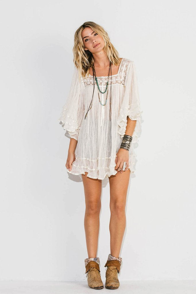 Janis Tunic Top White Gauze Angel Sleeves Satin Ribbon Wear