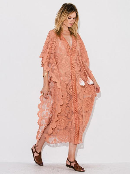 Mandala Mykonos Kaftan Blush Pink Lace Caftan Maxi Dress See Through Seductive Cover Up With Lace Up Front One Size