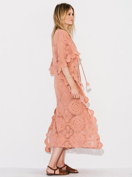 Mandala Mykonos Kaftan Blush Pink Lace Caftan Maxi Dress See Through Seductive Cover Up With Lace Up Front One Size