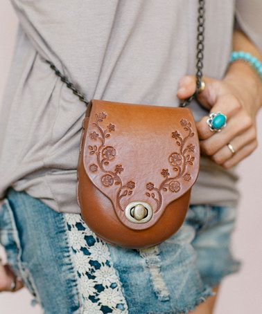 Tooled Leather Crossbody Purse Daisy Chain Brown Handcrafted