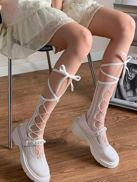 Lace Up Socks Black Or White You Choose Pointelle Lace Knee High Lolita Hoisiery Bohemian Knee Highs