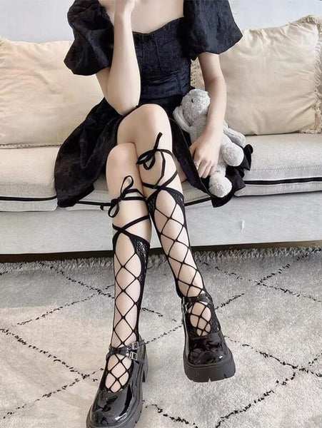 Lace Up Socks Black Or White You Choose Pointelle Lace Knee High Lolita Hoisiery Bohemian Knee Highs
