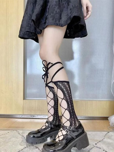 Lace Up Socks Black Or White You Choose Pointelle Lace Knee High Lolita Hoisiery Bohemian Knee Highs