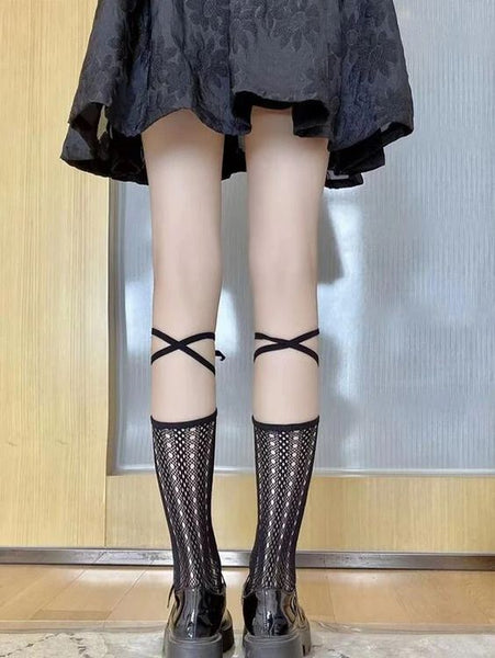 Lace Up Socks Black Or White You Choose Pointelle Lace Knee High Lolita Hoisiery Bohemian Knee Highs