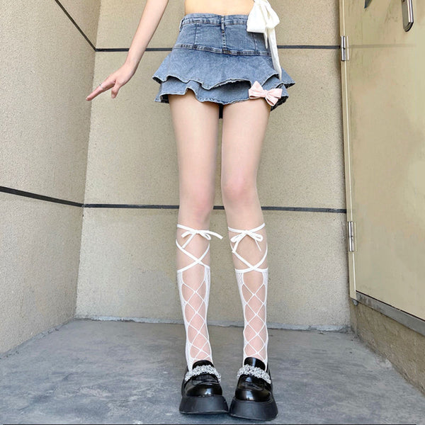 Lace Up Socks Black Or White You Choose Pointelle Lace Knee High Lolita Hoisiery Bohemian Knee Highs