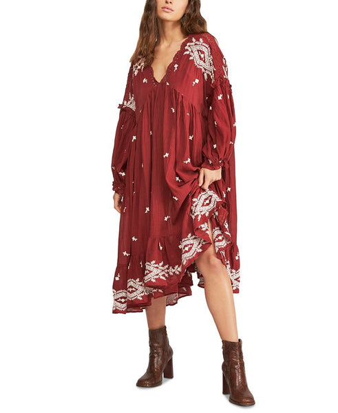 Burgundy Boho Midi Dress