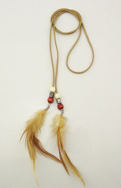 Leather Headband With Beads & Feathers Tan Colored Genuine Cowhide Lace Wooden Beads Wear It As A Belt Bracelet Or Necklace Too!