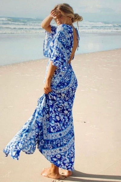 Blue Flower Print Maxi Dress
