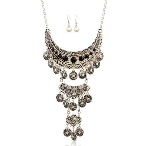 Gypsy Coin Necklace Long Tiered Silver Tone With Black Stones Festival Gypset Jewelry