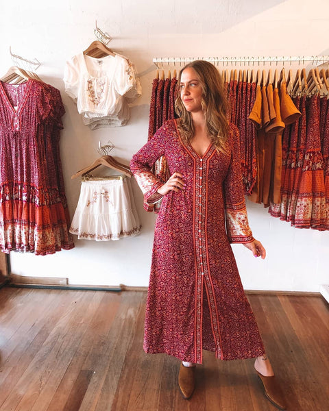 Button Front Bohemian Maxi Dresses Long Sleeve Or Shorts Sleeve 28 Different Colors And Styles Long  Boho Floral Print V Neck Gowns Flutter Sleeves Or Puffed Gypsy Border Waist Ties Available In Small Medium Or Large