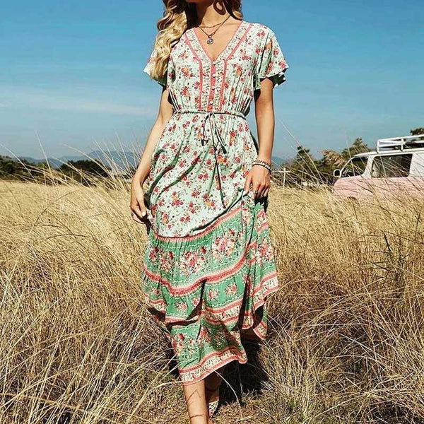 Button Front Bohemian Maxi Dresses Long Sleeve Or Shorts Sleeve 28 Different Colors And Styles Long  Boho Floral Print V Neck Gowns Flutter Sleeves Or Puffed Gypsy Border Waist Ties Available In Small Medium Or Large